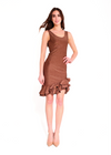 Woman wearing a brown dress with ruffled hem on a white background